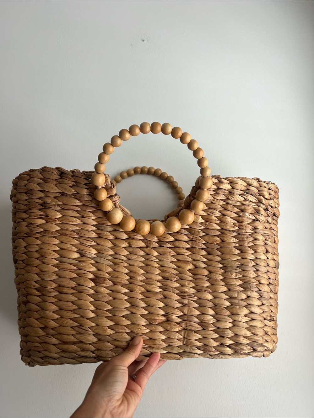 Woven Straw Tote with Beaded Handles - Natural